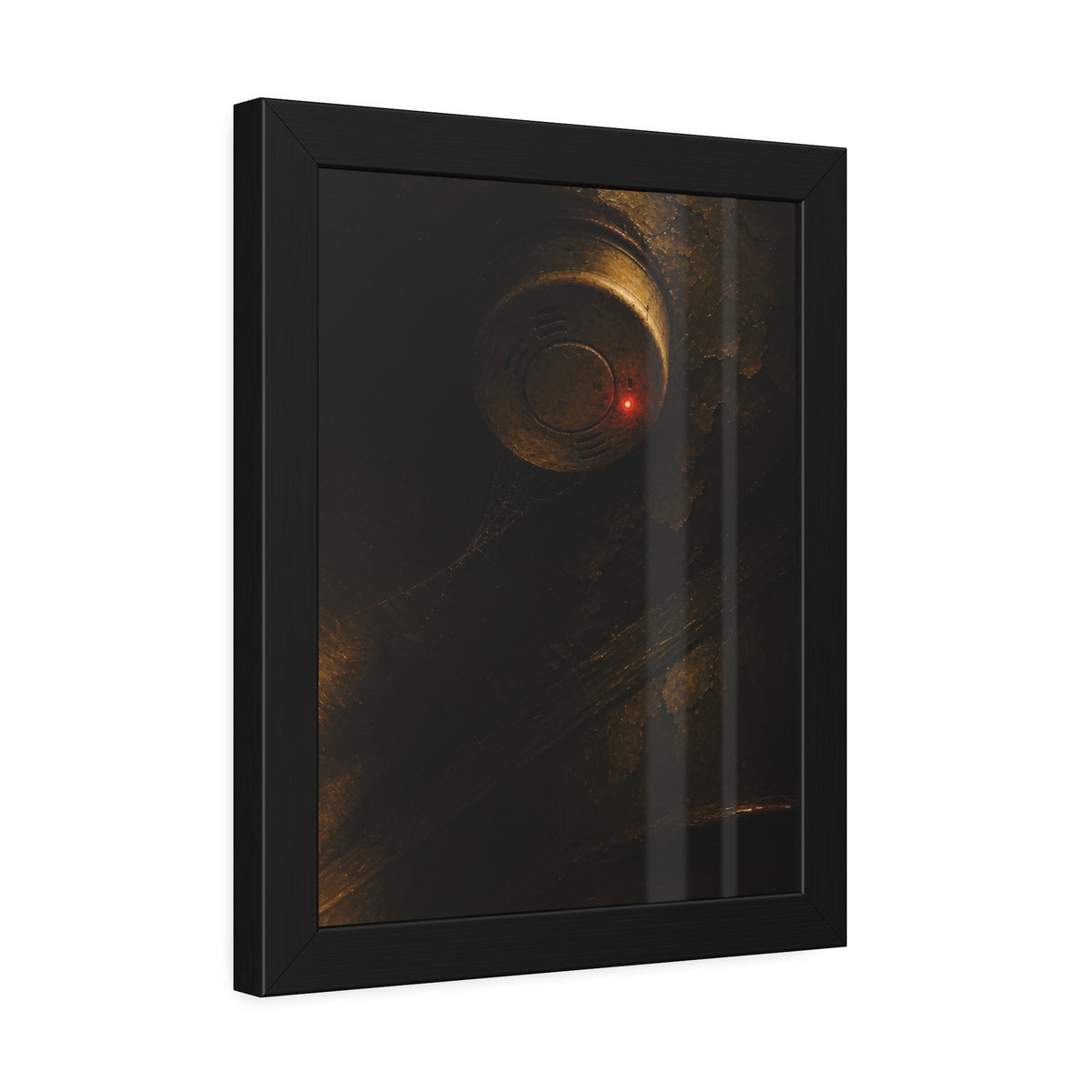 A smoke detector on a stained ceiling, its red light on, cobweb below. The Watch Above Sleep by Garabaggio, framed fine art print hanging in a room.