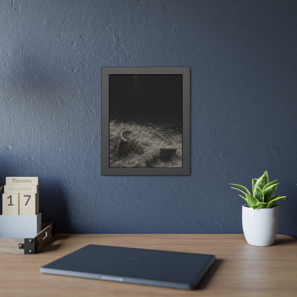 A broken laundry basket half buried in a snowbank under a distant light. Lattice in the Snowbank by Garabaggio, framed fine art print hanging in a room.