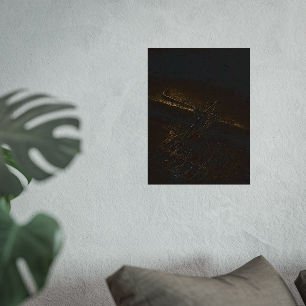 A broken umbrella collapsed across a storm drain grate at the curb. The Burial at the Storm Drain by Garabaggio, fine art print hanging in a room.