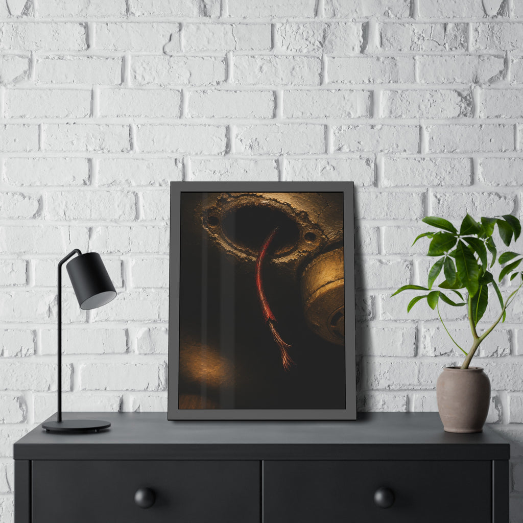 A frayed red wire hanging from a hole in a cracked ceiling. The Loose Red Wire by Garabaggio, framed fine art print hanging in a room.