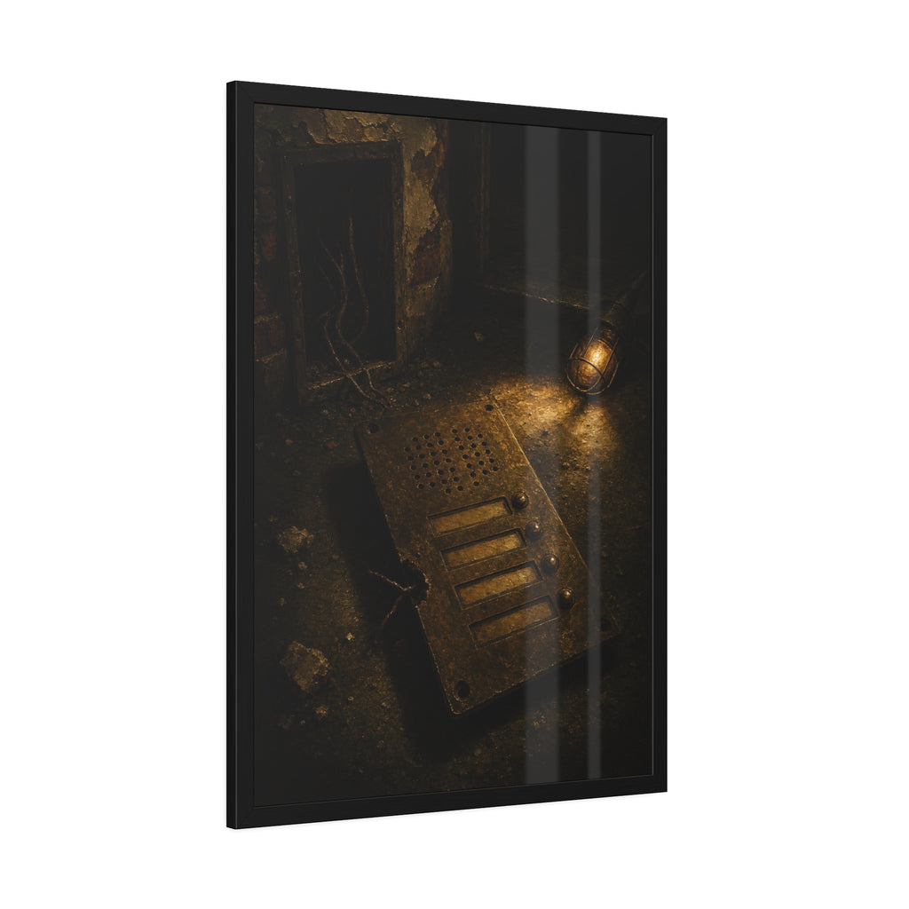An intercom panel face up on a floor, wires cut, lit by a work lamp. The Plate Taken Down by Garabaggio, framed fine art print hanging in a room.