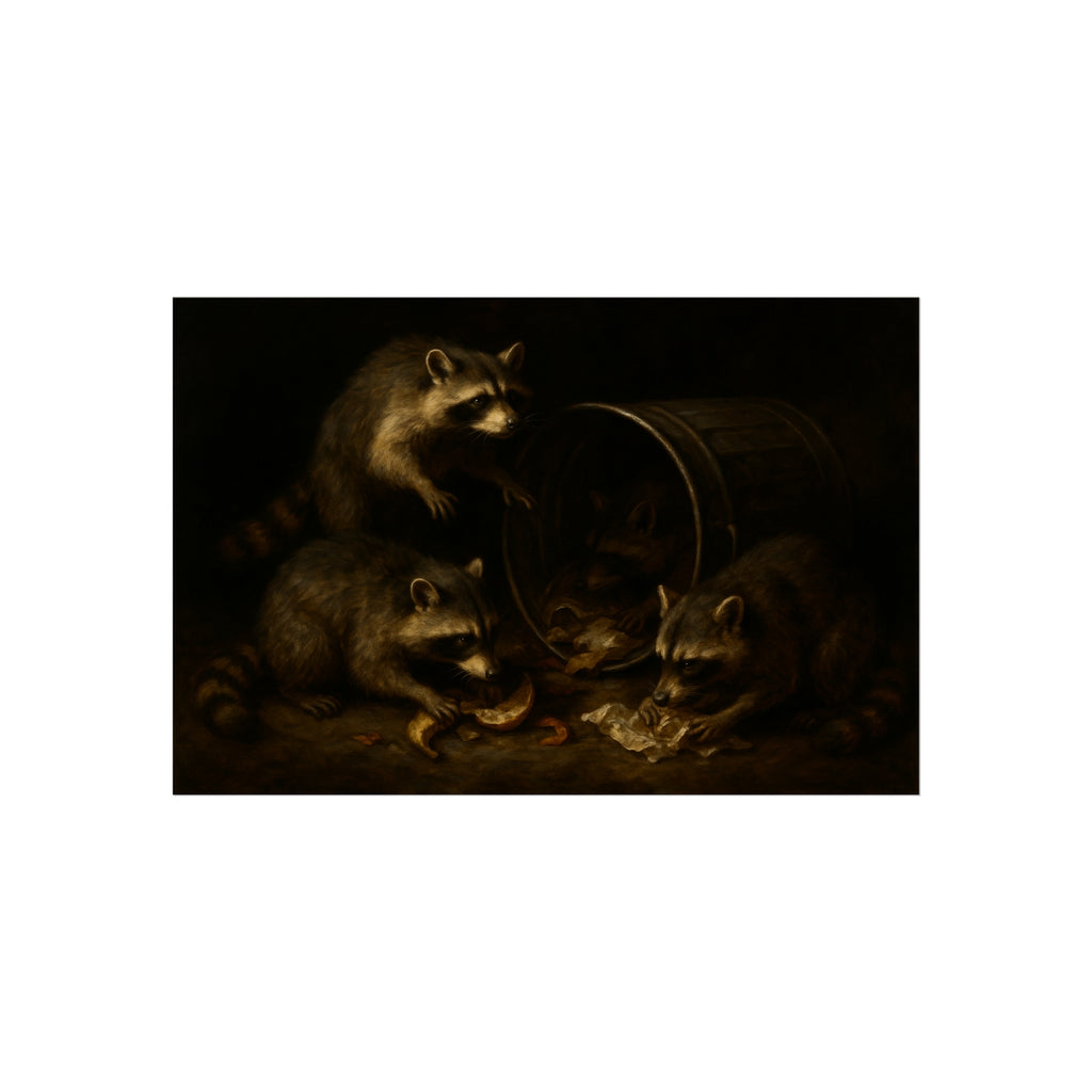 Raccoons at a tipped metal pail, one gnawing a melon rind in the dark. The Supper at the Alleyway by Garabaggio, fine art print hanging in a room.
