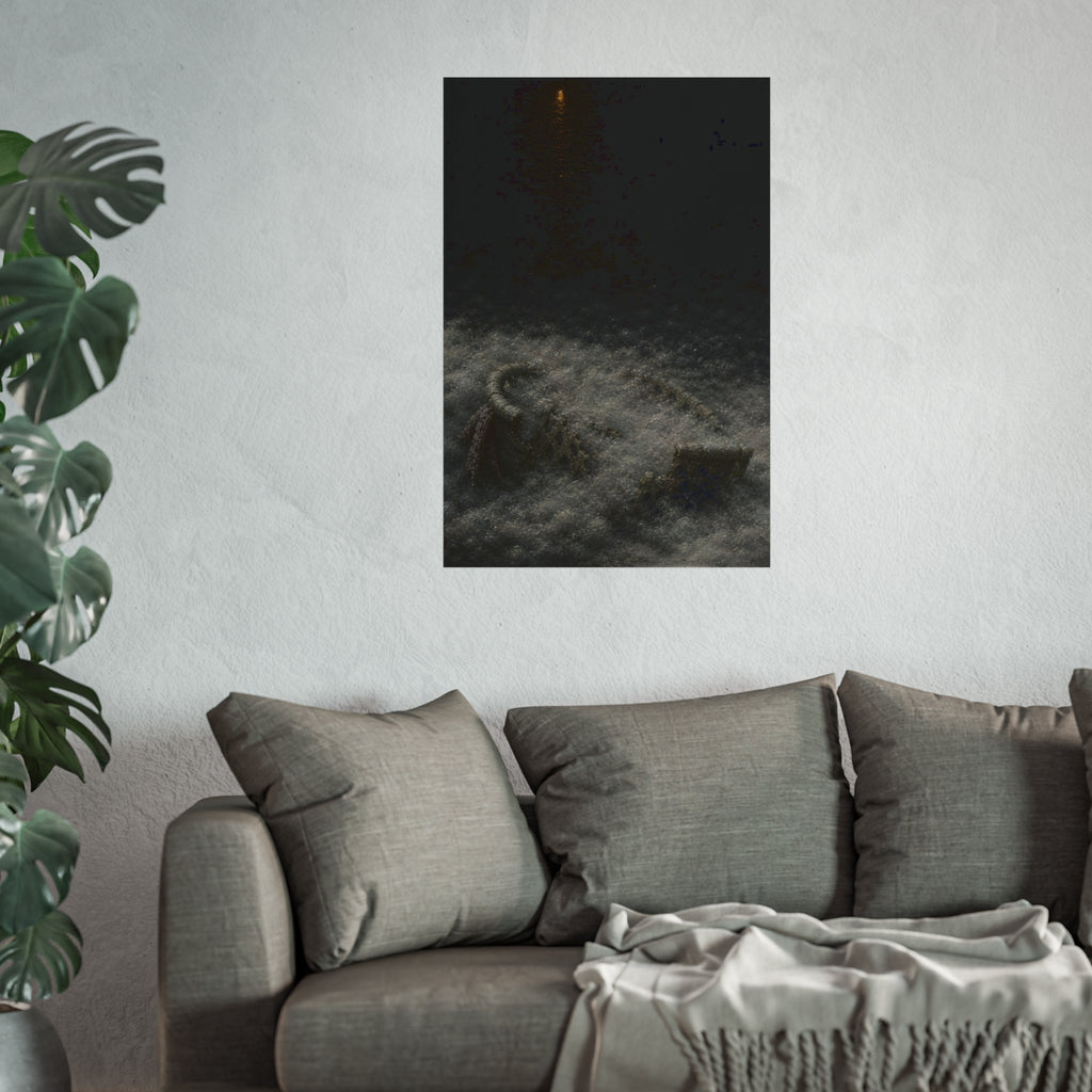 A broken laundry basket half buried in a snowbank under a distant light. Lattice in the Snowbank by Garabaggio, fine art print hanging in a room.