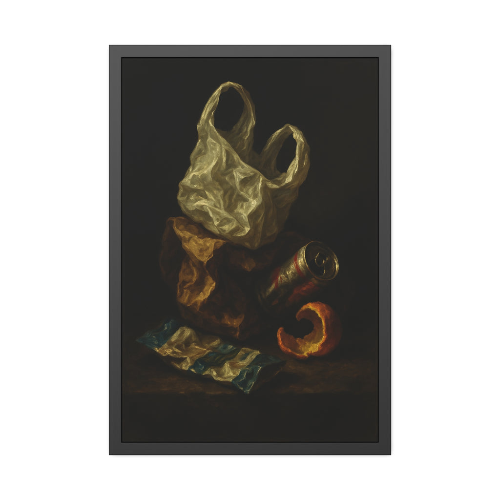 A plastic bag, crushed can and orange peel on a dim table. Still Life with Orange Peel and Resignation by Garabaggio, framed fine art print hanging in a room.