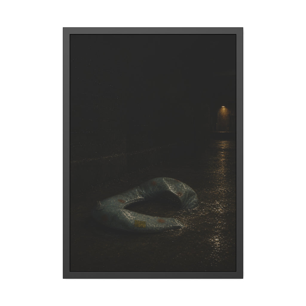 A deflated pool float ring on wet alley pavement, a lit doorway far behind. The Crossing of the Alley by Garabaggio, framed fine art print, 28″ x 40″.