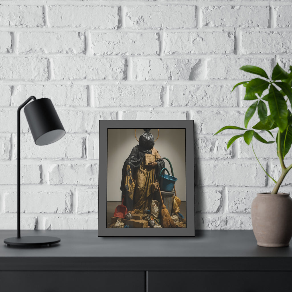 A robed figure with a garbage bag head and gold halo holding a broom. The Custodian Enthroned by Garabaggio, framed fine art print hanging in a room.