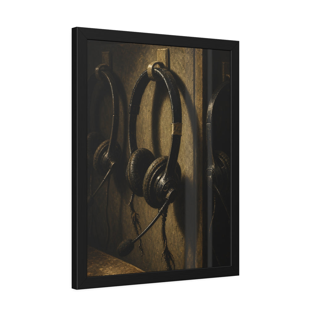 Three worn call center headsets hanging on wall hooks in dim light. The Headsets Left Hanging by Garabaggio, framed fine art print hanging in a room.