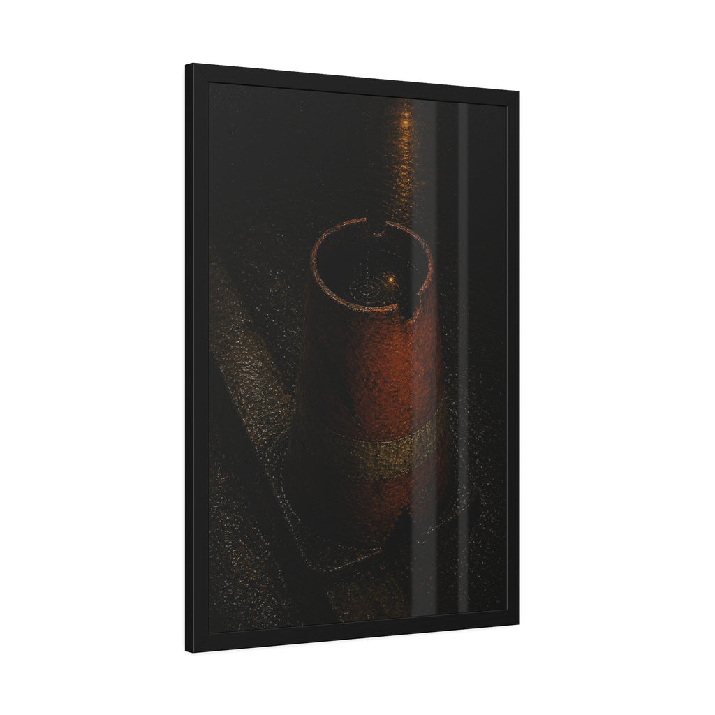 An upturned traffic cone holding rainwater at a wet curb under a lamp. The Cup of Rain by Garabaggio, framed fine art print hanging in a room.