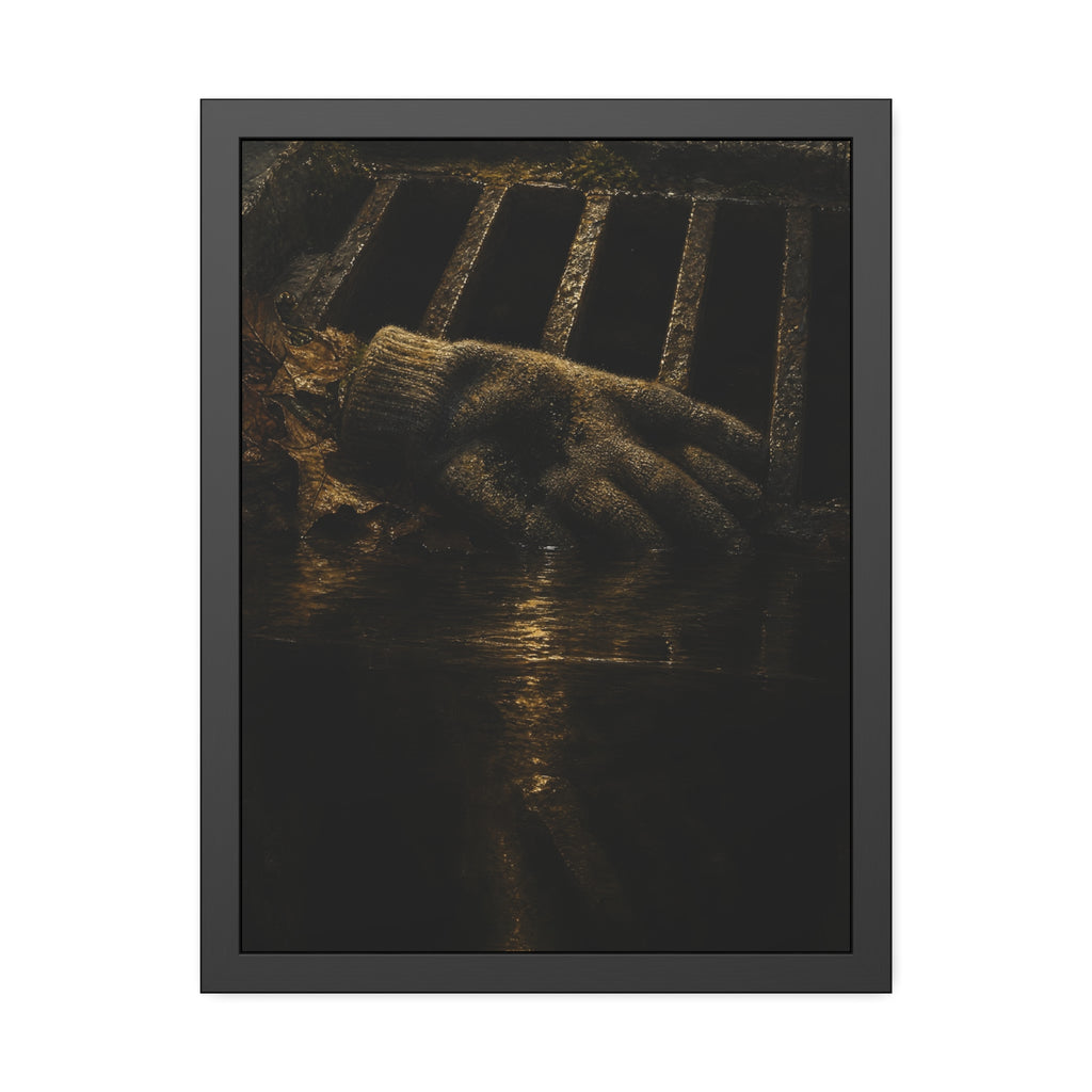 A single work glove on a storm drain grate above dark standing water. The Descent Into the Drain by Garabaggio, framed fine art print hanging in a room.