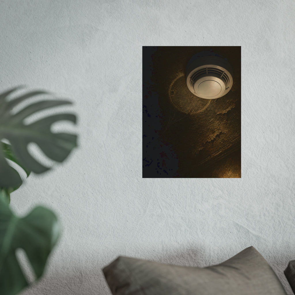 A new smoke detector on a stained ceiling next to an old mounting ring. The New Detector by Garabaggio, fine art print hanging in a room.