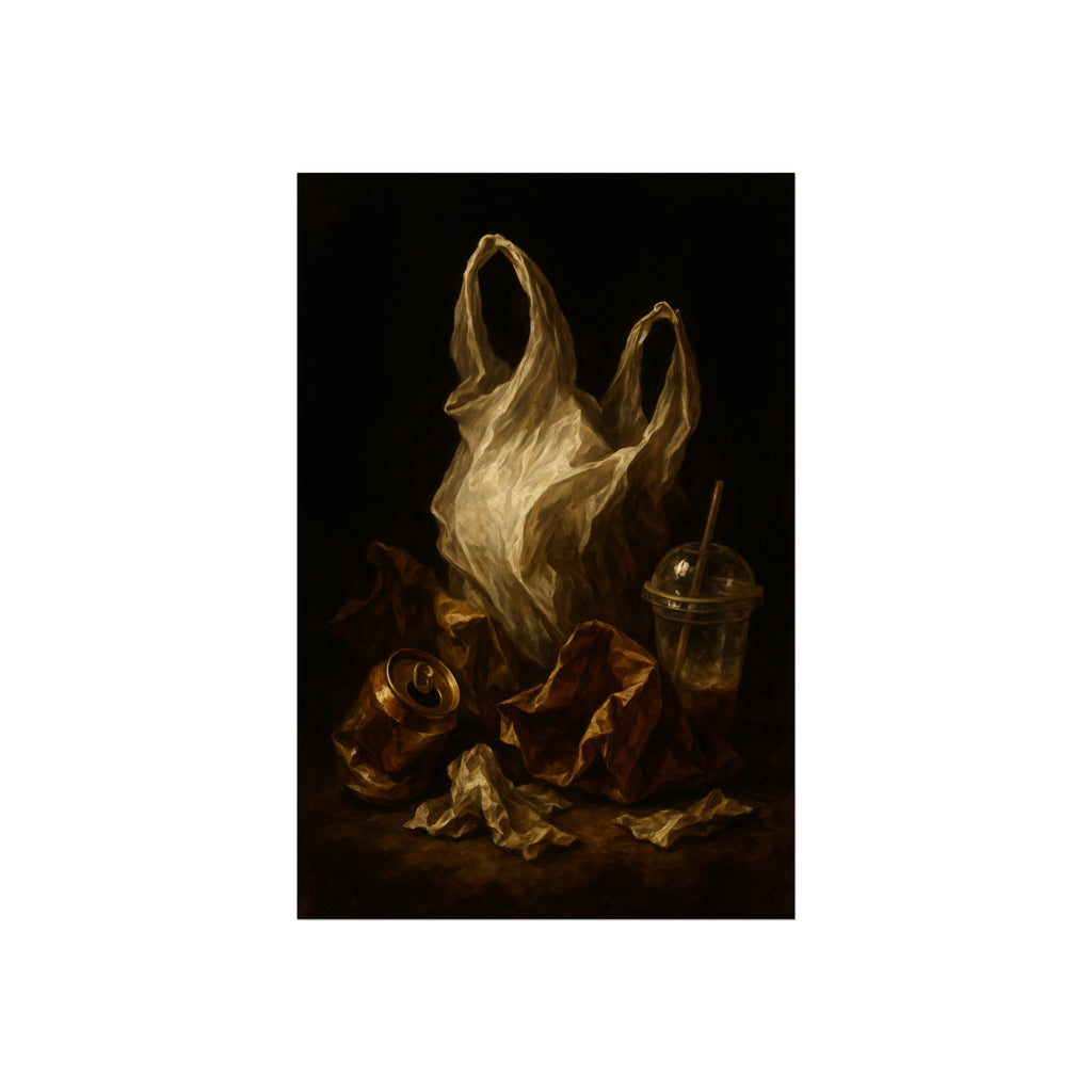 A plastic bag held open above a crushed can and a plastic cup with straw. The Apparition of the Bag by Garabaggio, fine art print hanging in a room.
