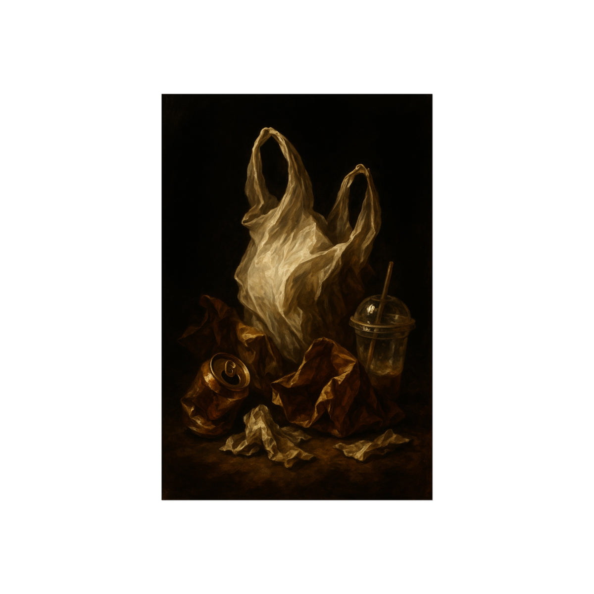 A plastic bag held open above a crushed can and a plastic cup with straw. The Apparition of the Bag by Garabaggio, fine art print hanging in a room.