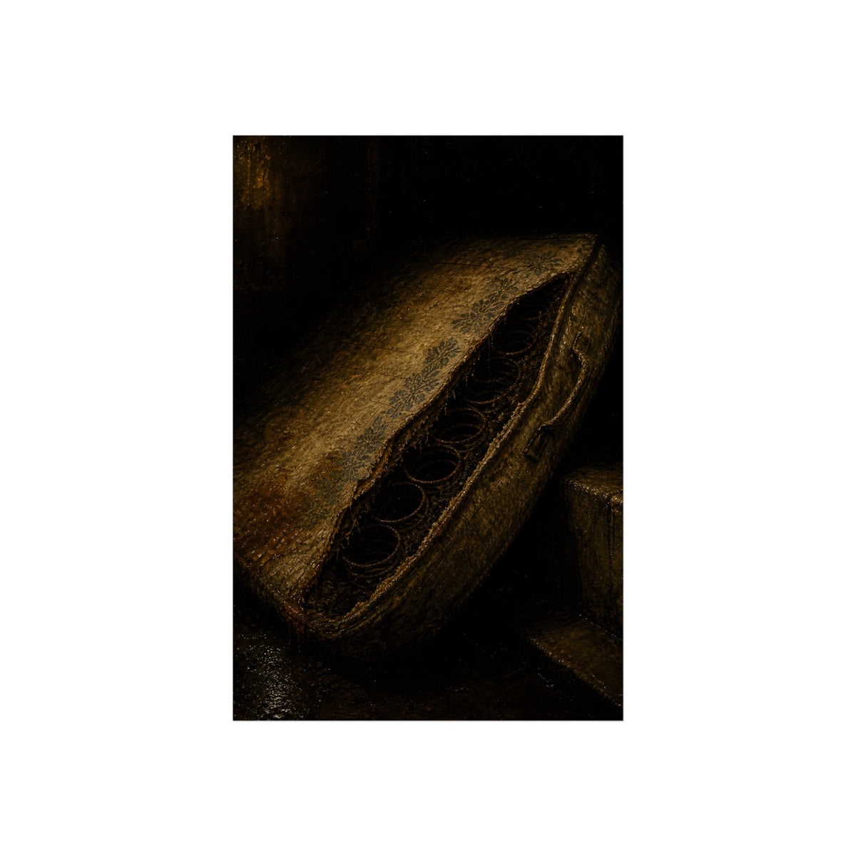 A torn mattress propped on its side, coil springs showing through the split. The Showing of the Springs by Garabaggio, fine art print, 24″ x 36″.