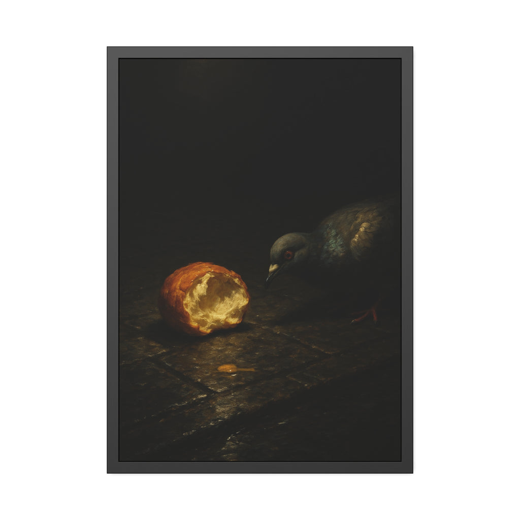 A pigeon leaning toward a torn bread roll on wet paving stones. The Offering of the Discarded Bun by Garabaggio, framed fine art print hanging in a room.