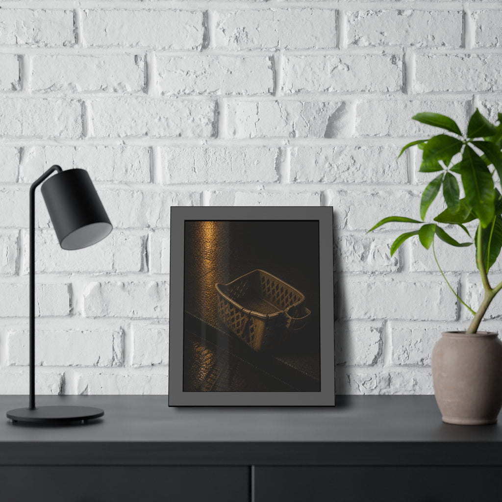 A cracked plastic laundry basket with a warped rim on wet asphalt. The Crushing of the Rim by Garabaggio, framed fine art print hanging in a room.
