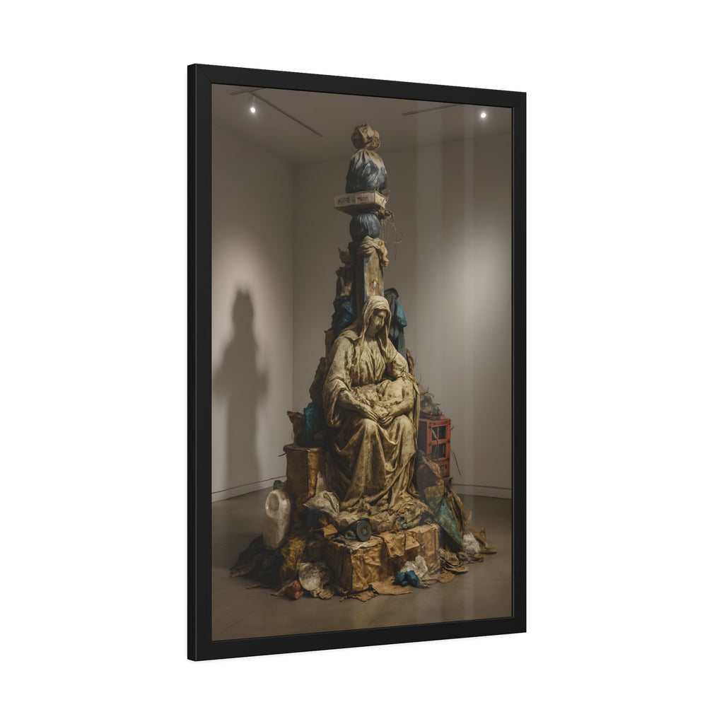 Seated hooded figure cradling a bundle on a mound of bagged refuse. Pietà of the Curbside by Garabaggio, framed fine art print hanging in a room.