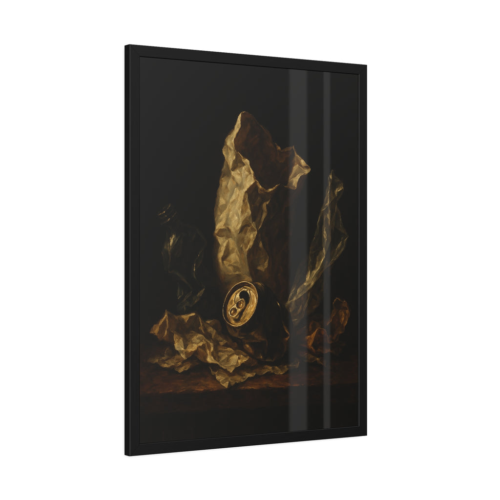 A crushed paper bag, dented can and flattened bottle on a dark table. Vanitas with Crumpled Bag by Garabaggio, framed fine art print hanging in a room.
