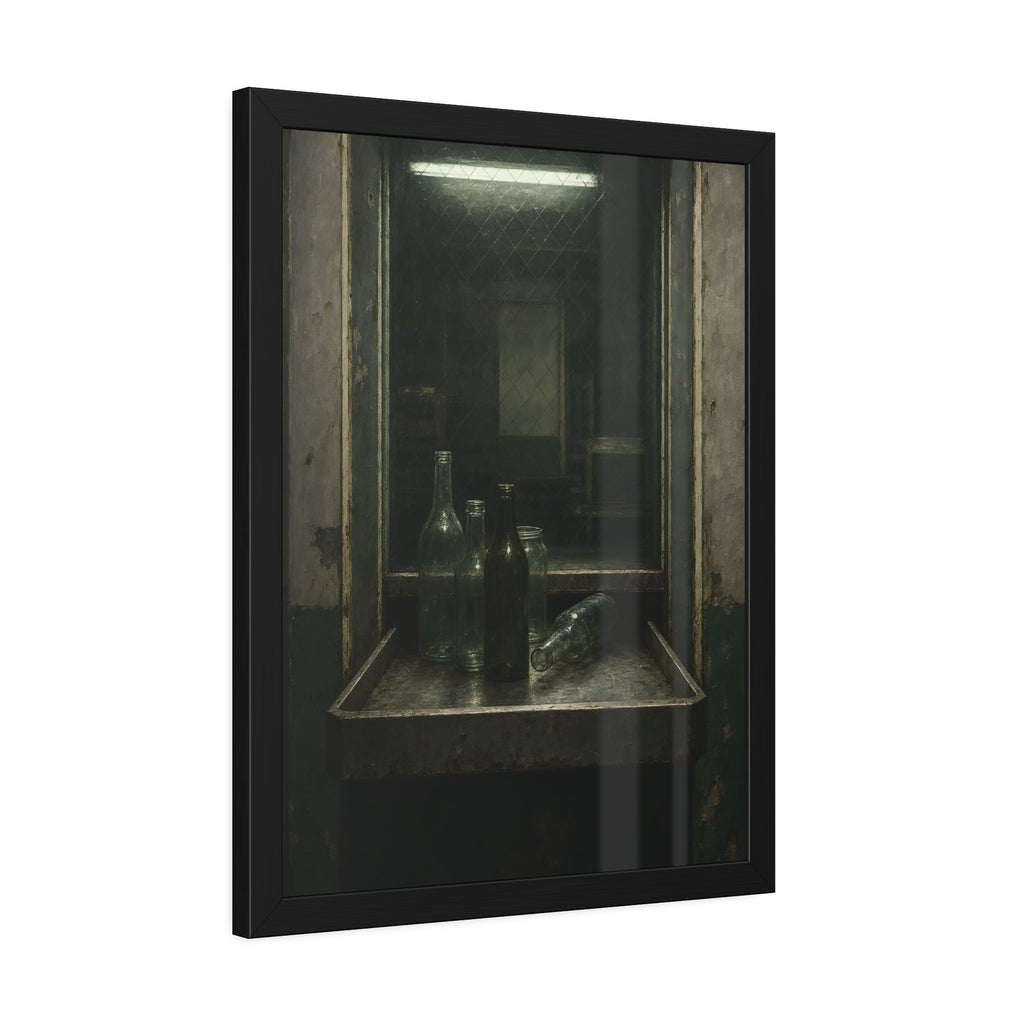 Empty glass bottles on a metal tray at a service window under a fluorescent tube. The Counting Window by Garabaggio, framed fine art print hanging in a room.