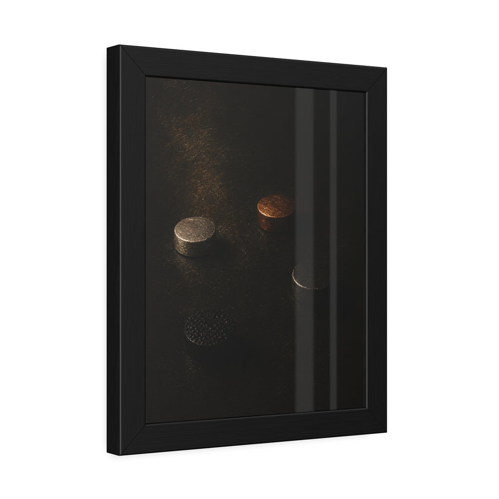 Four small metal discs on a dark scuffed surface in a narrow beam of light. Metals After the Song by Garabaggio, framed fine art print hanging in a room.