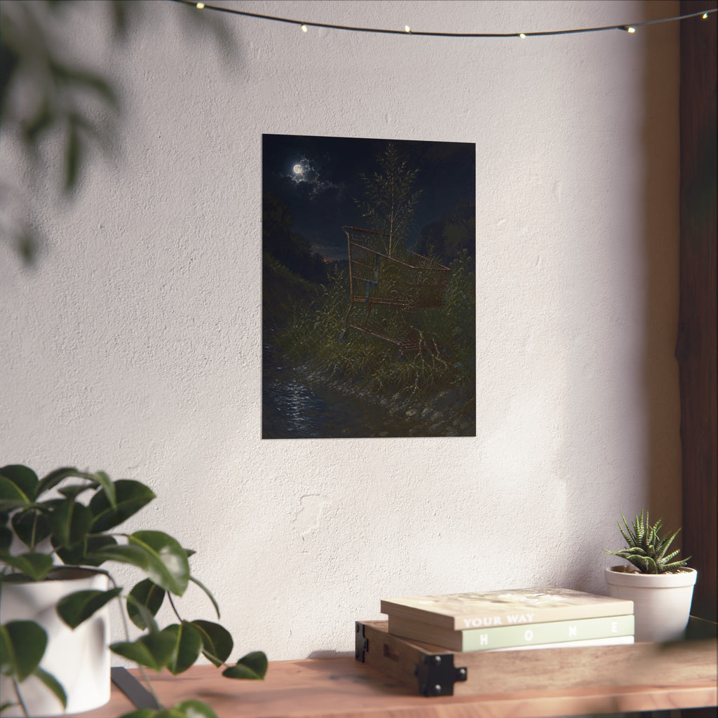 A shopping cart in creekside weeds with a sapling growing up through it. The Cart Grown Through by Garabaggio, fine art print hanging in a room.