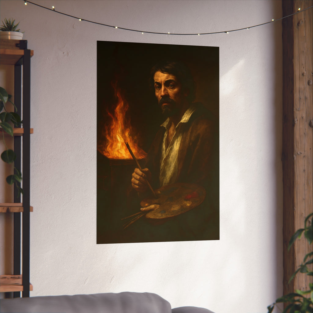 Man holding a palette and brushes, a fire behind him. Self-Portrait with Palette (After Caravaggio) by Garabaggio, fine art print hanging in a room.