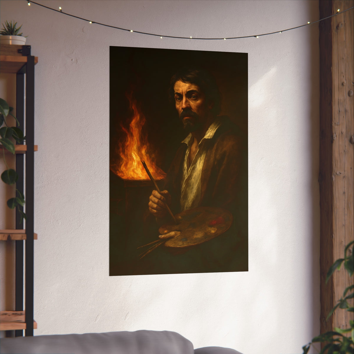 Man holding a palette and brushes, a fire behind him. Self-Portrait with Palette (After Caravaggio) by Garabaggio, fine art print hanging in a room.