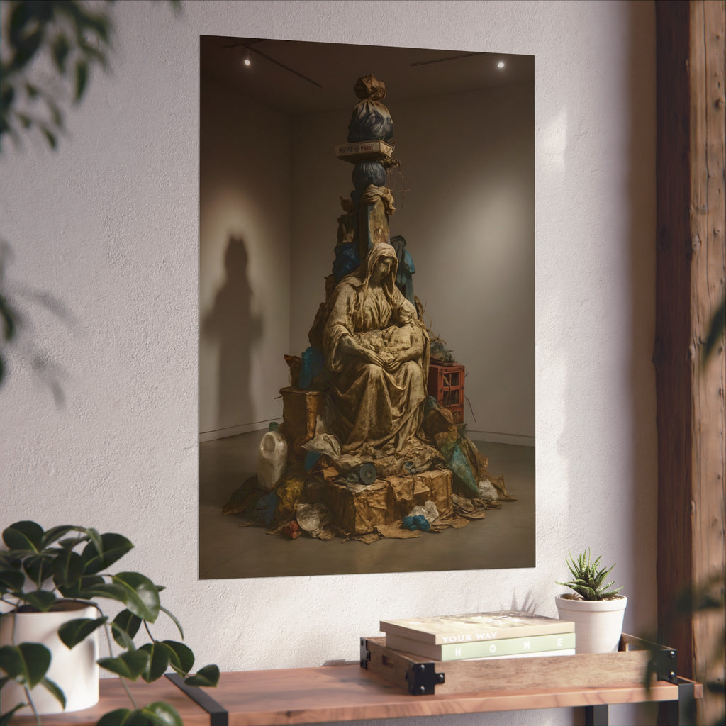 Seated hooded figure cradling a bundle on a mound of bagged refuse. Pietà of the Curbside by Garabaggio, fine art print hanging in a room.