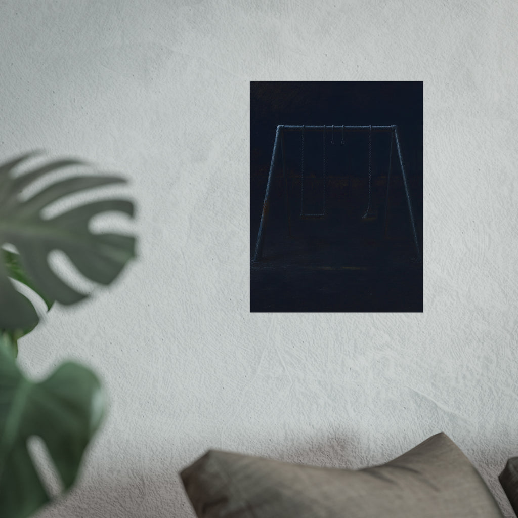 An empty swing set in near darkness with one seat twisted. The Fourth Hour: The Floodlights Cut by Garabaggio, fine art print hanging in a room.