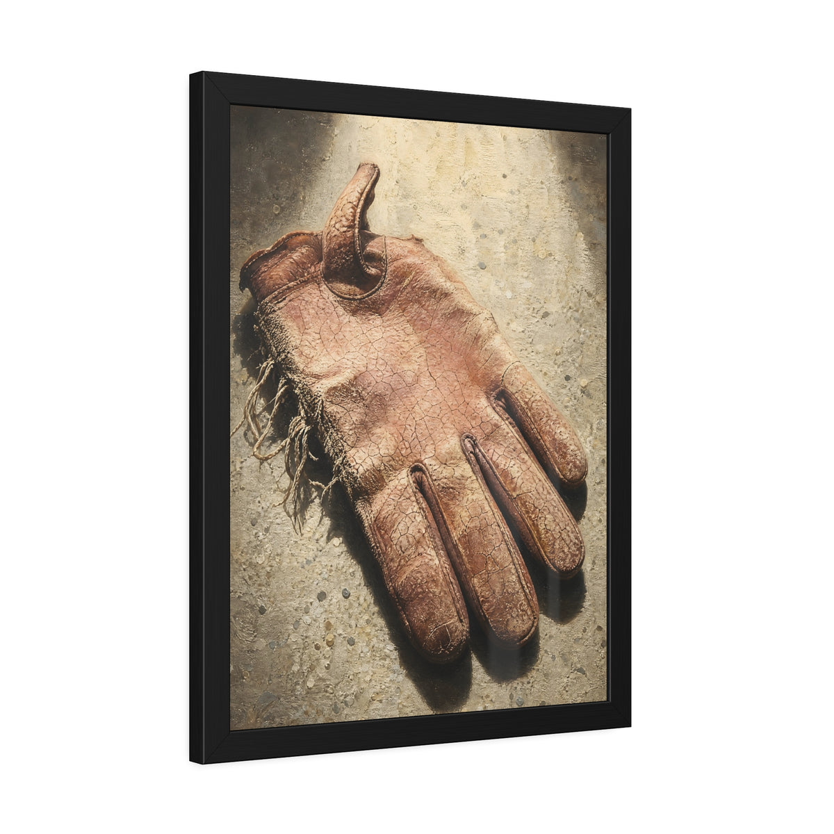 A cracked leather work glove lying on bright sunlit concrete. The Bleaching, Study of a Sun-Tired Glove by Garabaggio, framed fine art print hanging in a room.