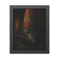 An orange traffic cone with a split base on wet asphalt at night. The Splitting of the Base by Garabaggio, framed fine art print, 11″ x 14″.