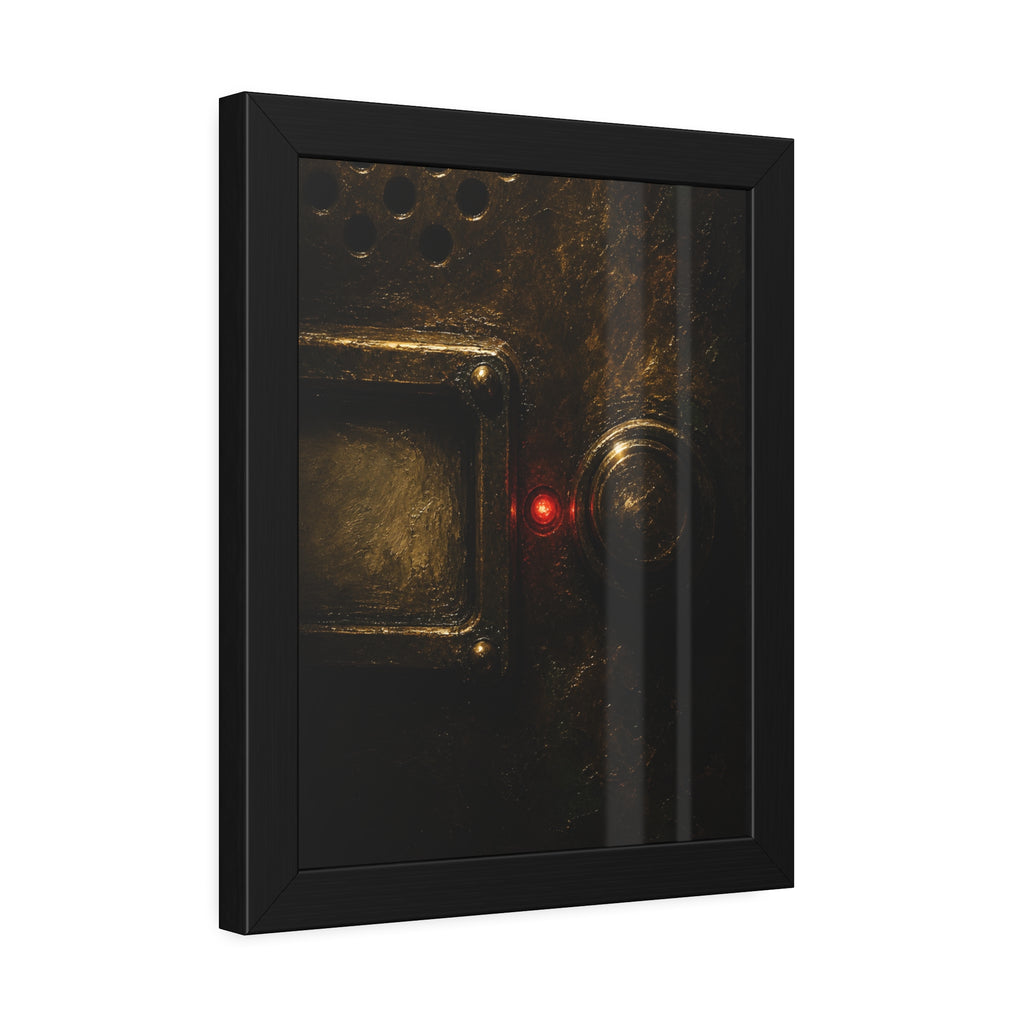 Close on an intercom nameplate and button with a small red light. The First Buzz at Dusk by Garabaggio, framed fine art print hanging in a room.