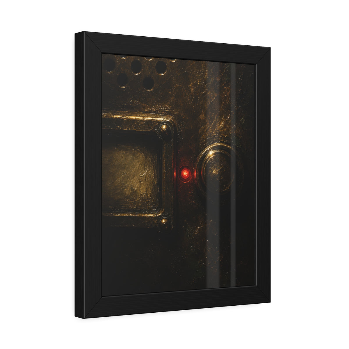 Close on an intercom nameplate and button with a small red light. The First Buzz at Dusk by Garabaggio, framed fine art print hanging in a room.