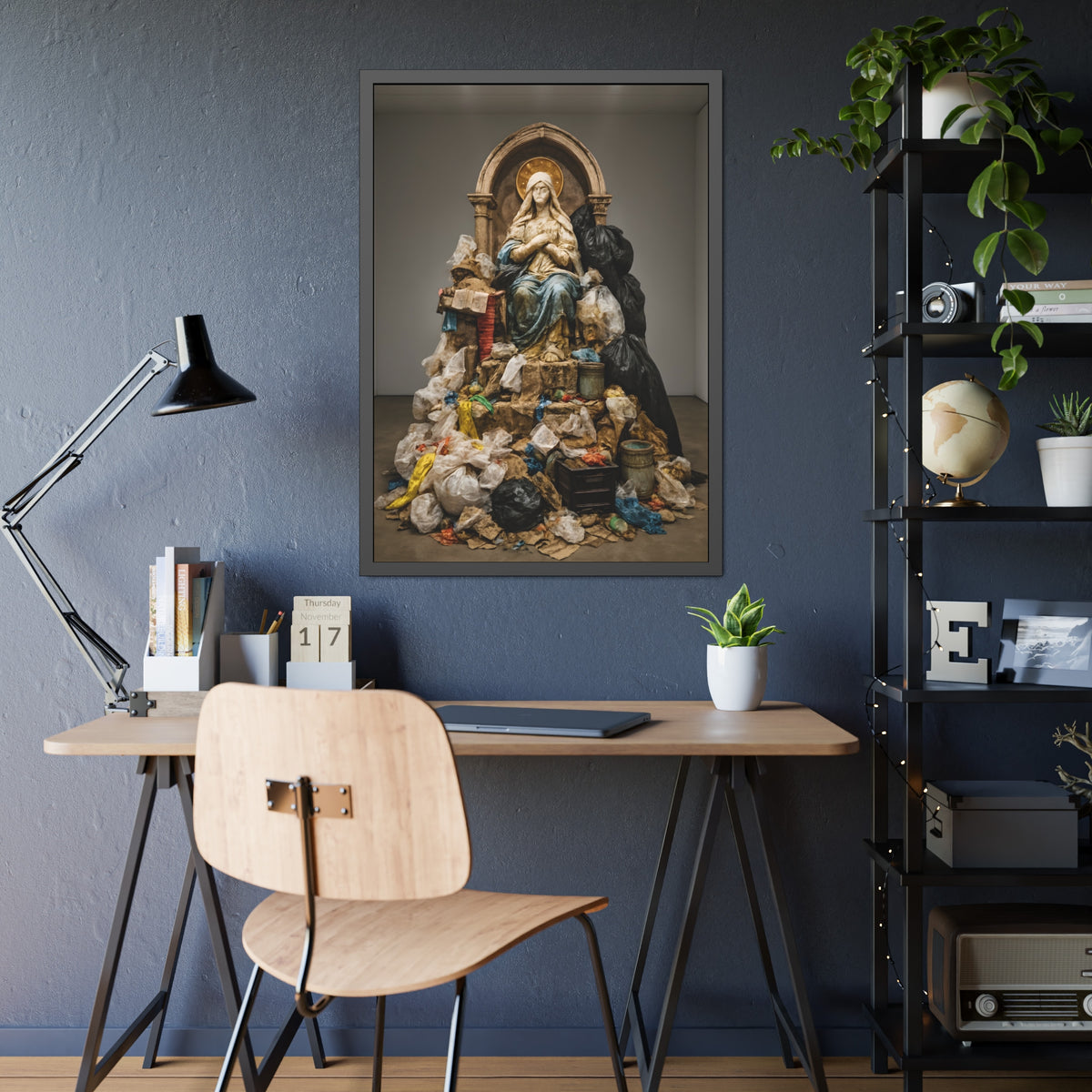 A robed statue on a mound of garbage bags in a gallery. The Immaculate Collection by Garabaggio, framed fine art print hanging in a room.