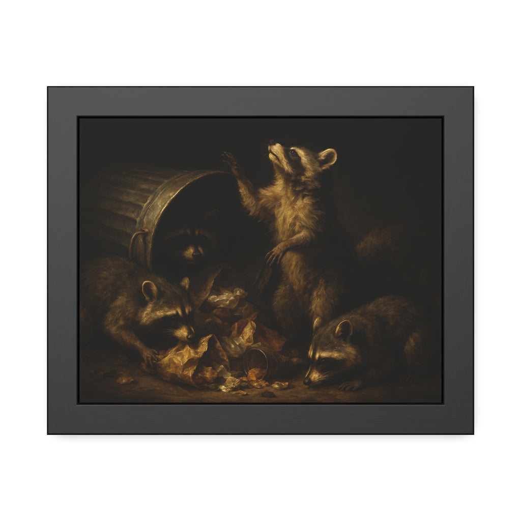 Raccoons around a fallen trash can, one rearing up with a raised paw. The Supper of Shadows by Garabaggio, framed fine art print, 14″ x 11″.