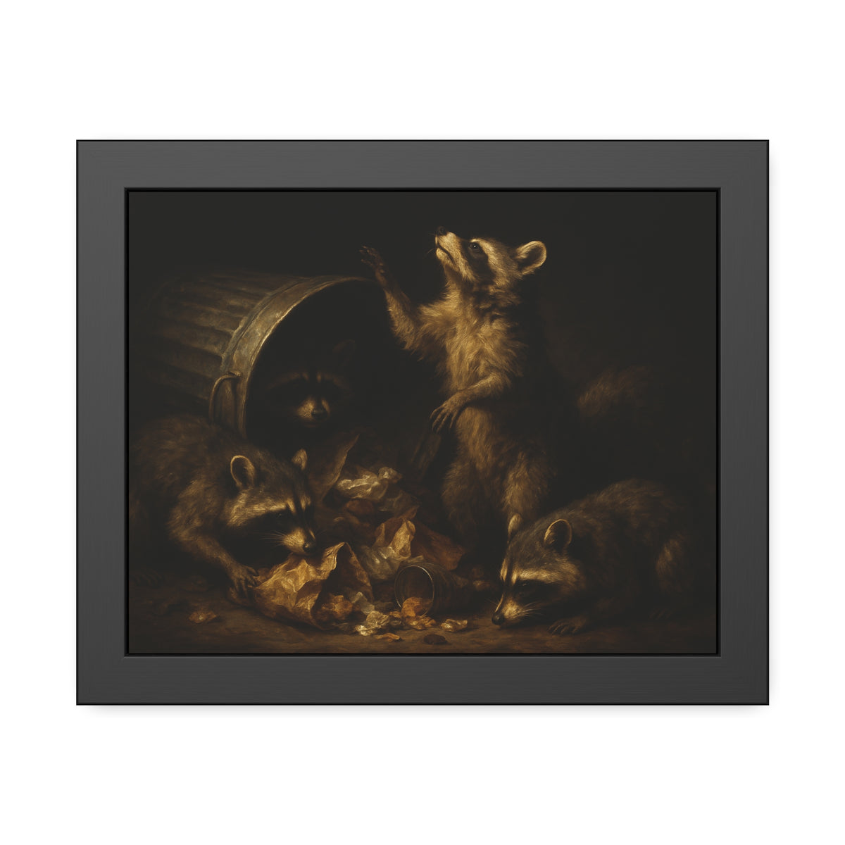 Raccoons around a fallen trash can, one rearing up with a raised paw. The Supper of Shadows by Garabaggio, framed fine art print, 14″ x 11″.