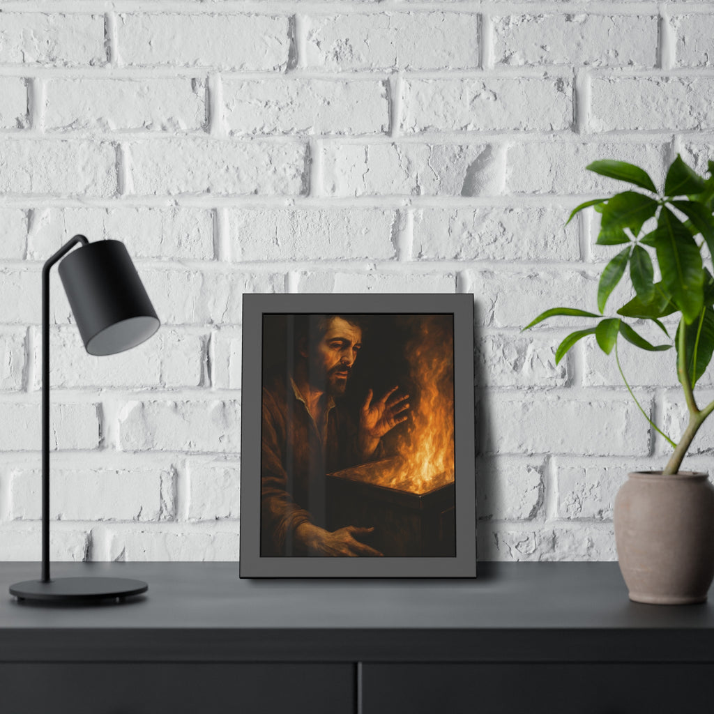 Man holding both hands toward the flames of a burning dumpster. Self-Portrait Warming the Hands by Garabaggio, framed fine art print hanging in a room.