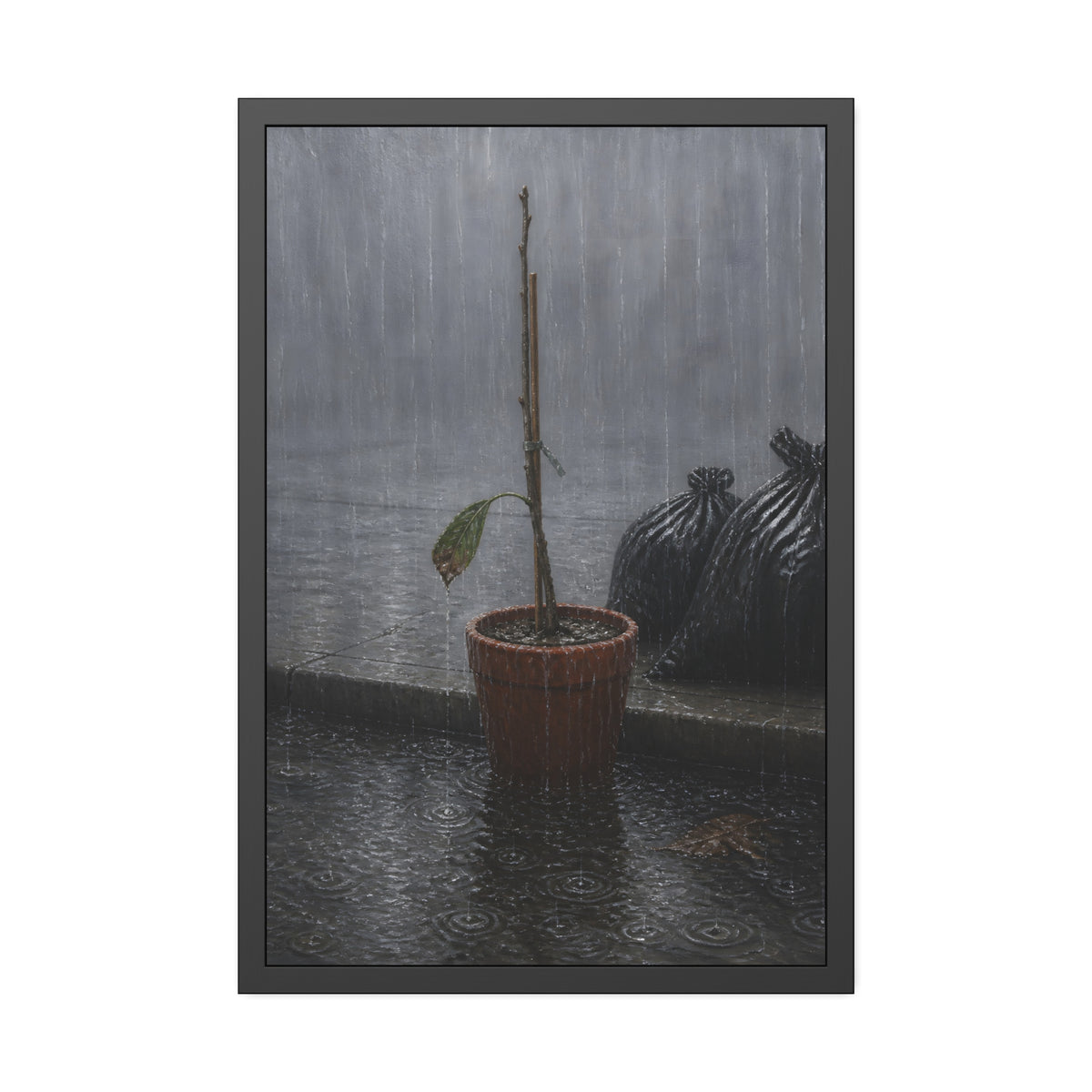 A bare stick in a clay pot on a curb in heavy rain beside trash bags. The Second Rain by Garabaggio, framed fine art print, 24″ x 36″.