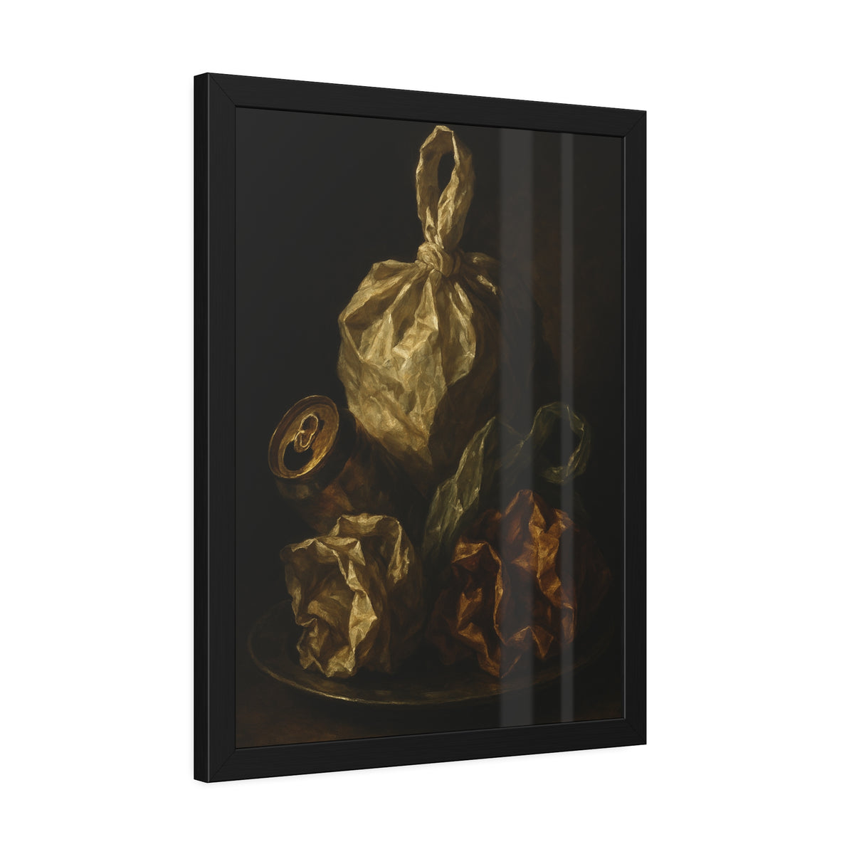 Knotted plastic bag on a plate with crumpled wrappers and a crushed can. Communion of the Knotted Bag by Garabaggio, framed fine art print hanging in a room.
