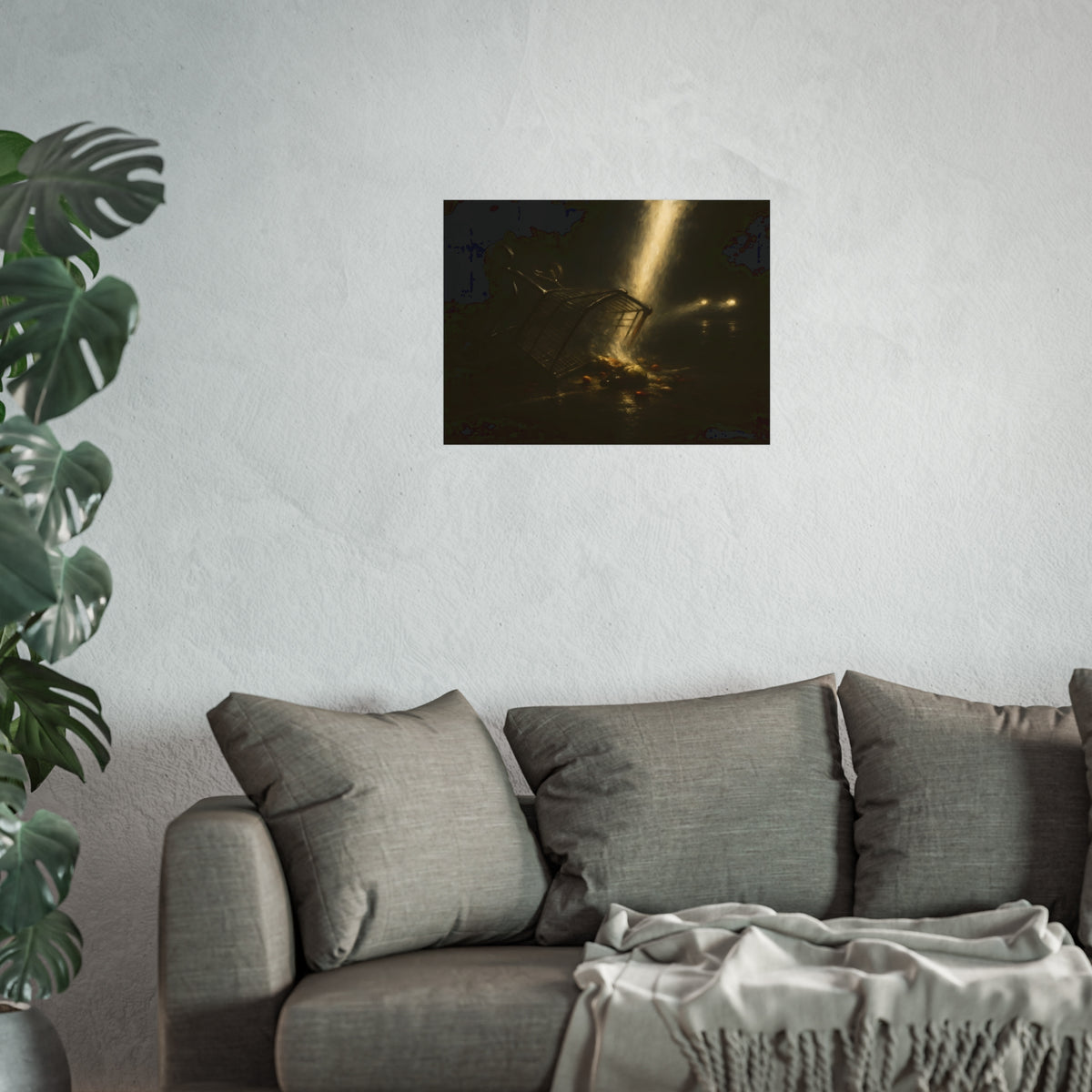 A tipped shopping cart spilling groceries in a shaft of light. The Conversion of the Shopping Cart by Garabaggio, fine art print hanging in a room.