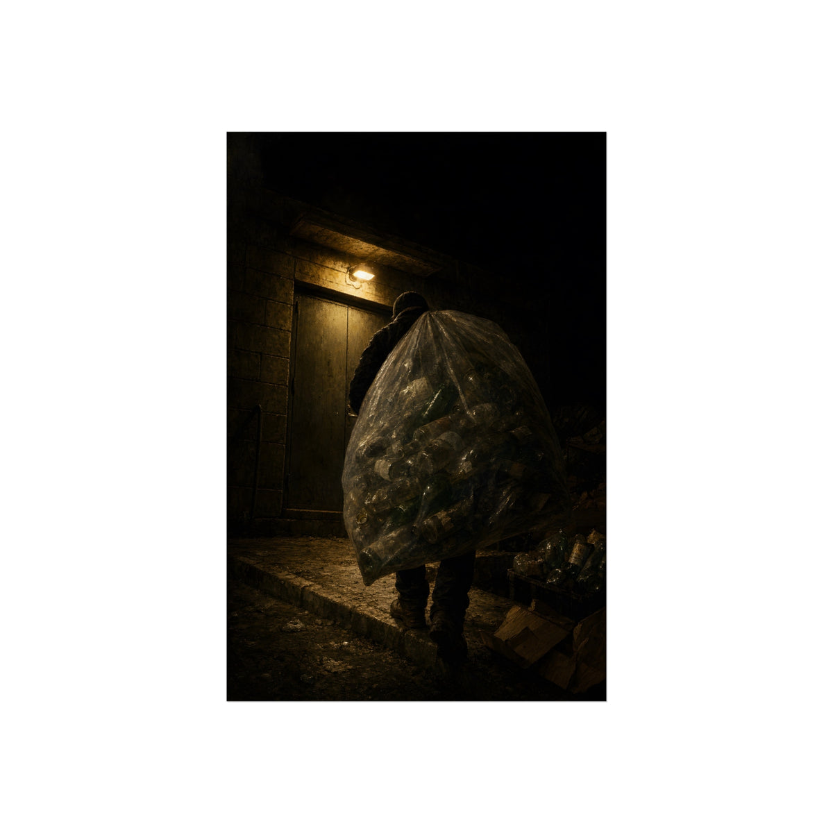 A man carrying a huge bag of bottles past a lit doorway at night. The Bag Carried Before Dawn by Garabaggio, fine art print, 24″ x 36″.