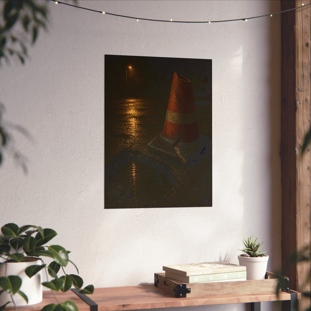 A traffic cone beside a water filled pothole reflecting a street lamp. The Sentinel of the Pothole by Garabaggio, fine art print hanging in a room.