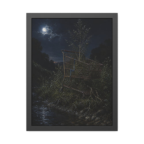 A shopping cart in creekside weeds with a sapling growing up through it. The Cart Grown Through by Garabaggio, framed fine art print, 18″ x 24″.