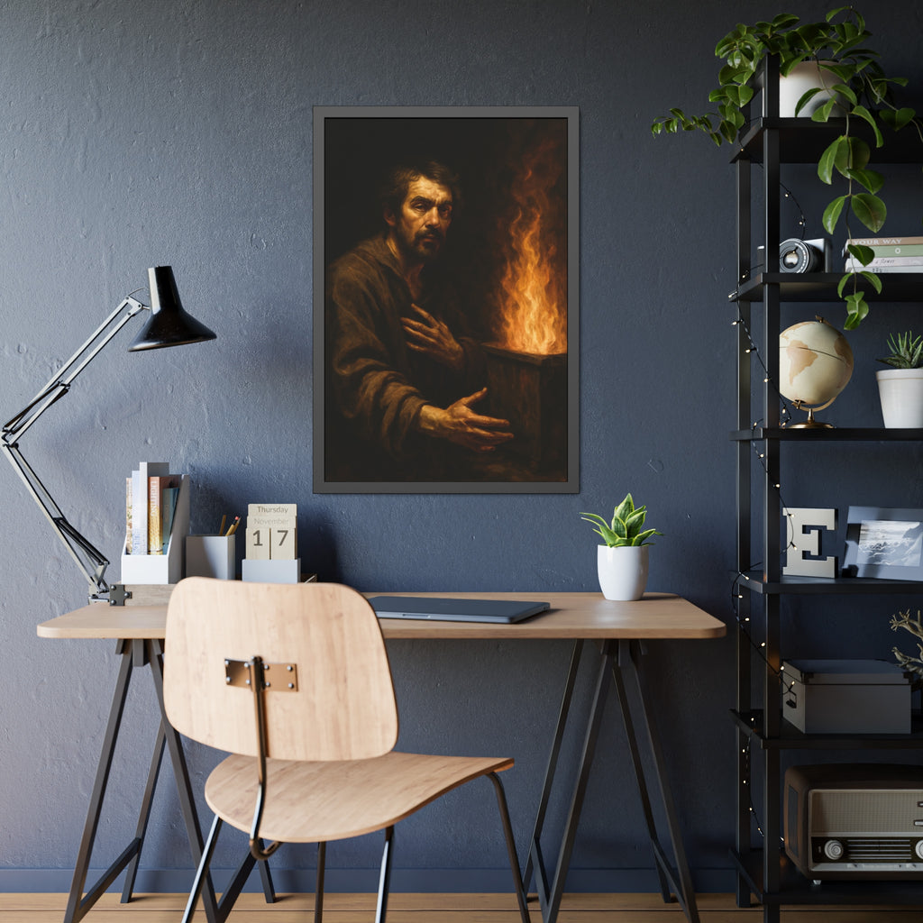 Bearded man with a hand on his chest beside flames rising from a bin. Self-Portrait as a Penitent by Garabaggio, framed fine art print hanging in a room.