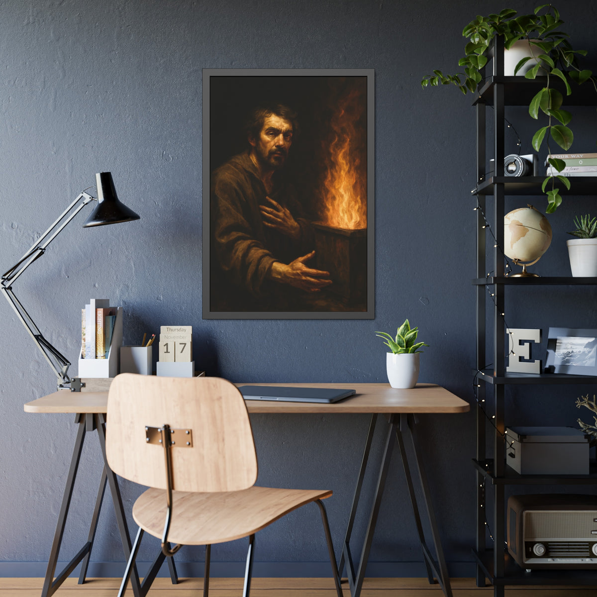 Bearded man with a hand on his chest beside flames rising from a bin. Self-Portrait as a Penitent by Garabaggio, framed fine art print hanging in a room.