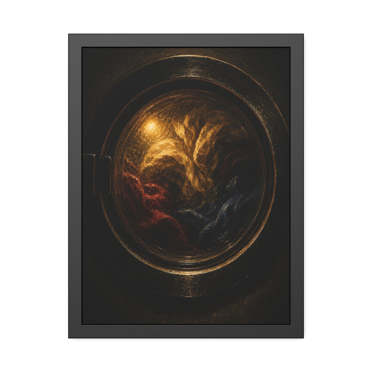 Colored laundry tumbling behind a round washer window in the dark. The Rose Window Turning by Garabaggio, framed fine art print, 18″ x 24″.