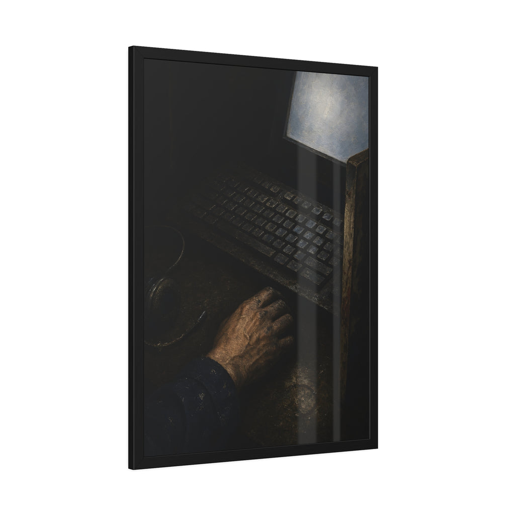 A hand on a mouse beside a grimy keyboard and a pale glowing screen. Login Before Dawn by Garabaggio, framed fine art print hanging in a room.