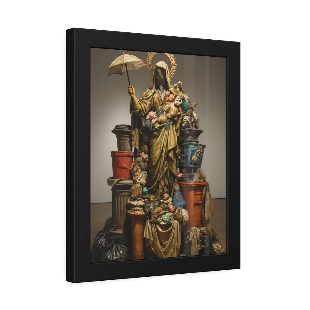 Robed figure with a halo and umbrella rising from trash bags and crates. Our Lady of Perpetual Shelter by Garabaggio, framed fine art print hanging in a room.