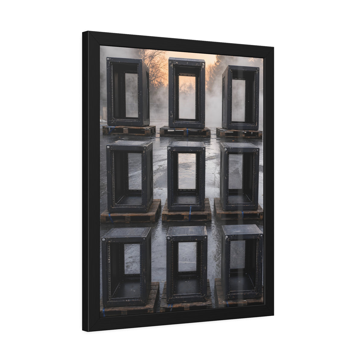 Nine empty black server racks on pallets in a wet lot at dawn. The Racks in the Morning Lot by Garabaggio, framed fine art print hanging in a room.