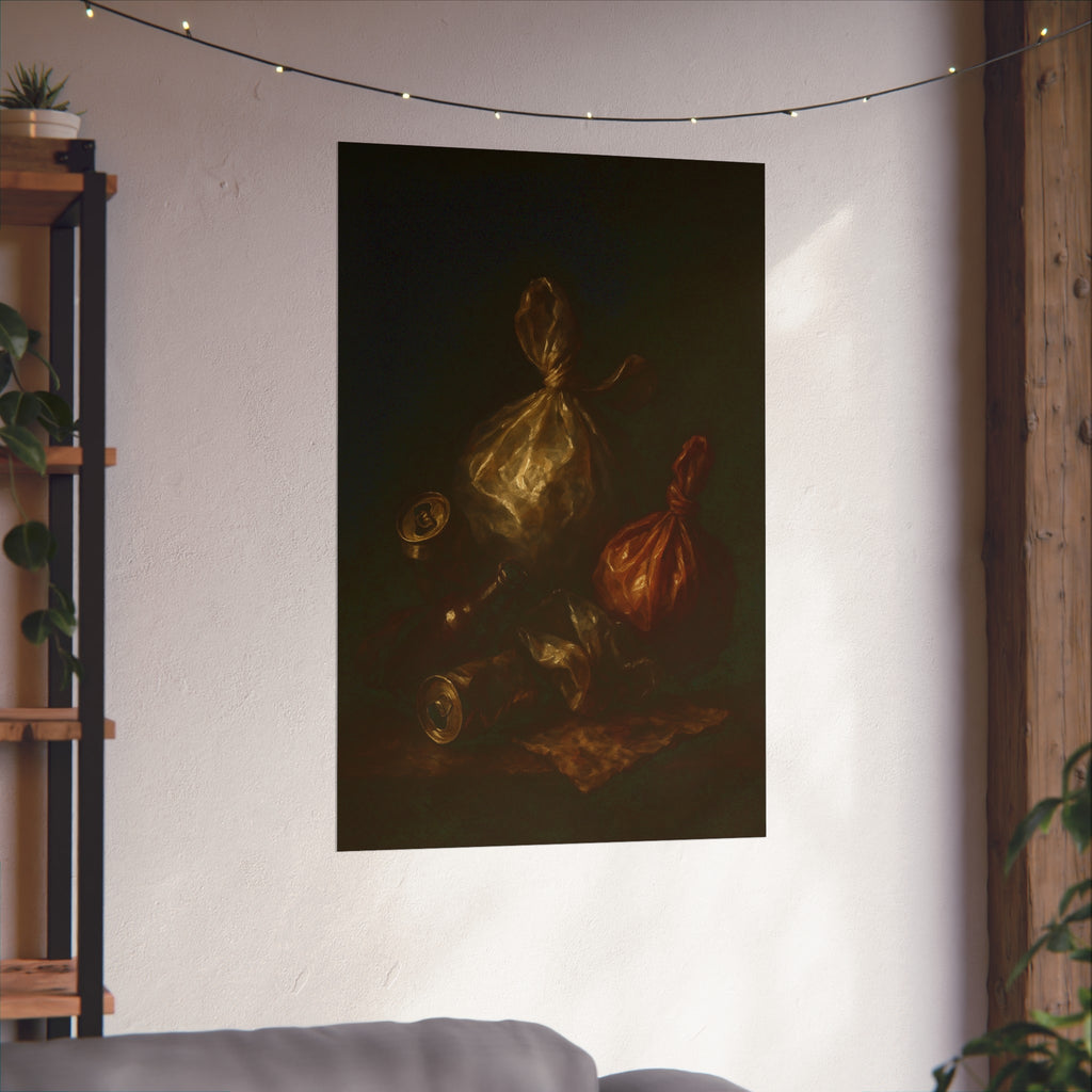 Two knotted plastic bags and crushed cans on a dark table. The Knotted Offering by Garabaggio, fine art print hanging in a room.