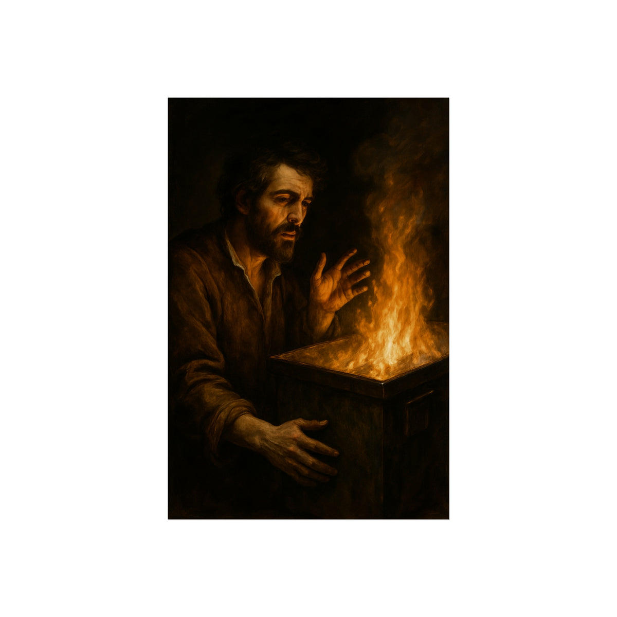 Man holding both hands toward the flames of a burning dumpster. Self-Portrait Warming the Hands by Garabaggio, fine art print hanging in a room.